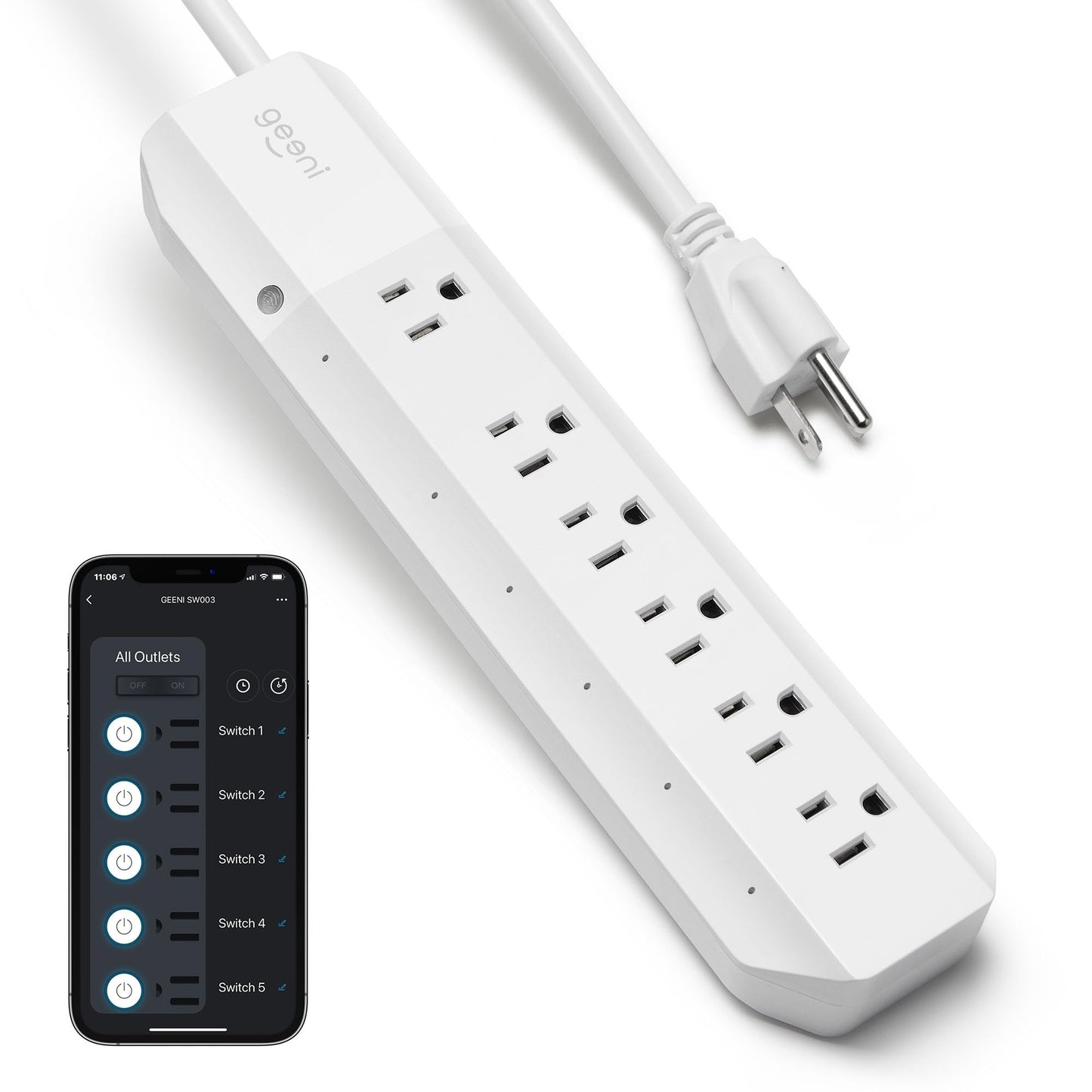 Geeni Smart Surge Protector 6-Outlet Power Strip – Wi-Fi Enabled with Voice Control (Alexa, Google Assistant), Surge Protection, 3ft Extension Cord, Remote Access