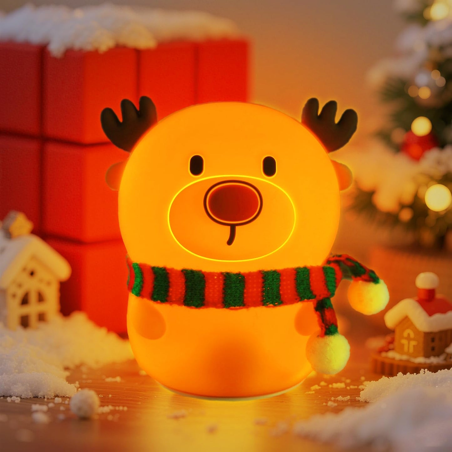 Colorful Life Silicone Reindeer Night Light – Tap Control Cute LED Bedside Lamp for Kids, Baby, Adults – Soft Glow, Rechargeable, Nursery/Bedroom(Cute Reindeer, Light up When patted)