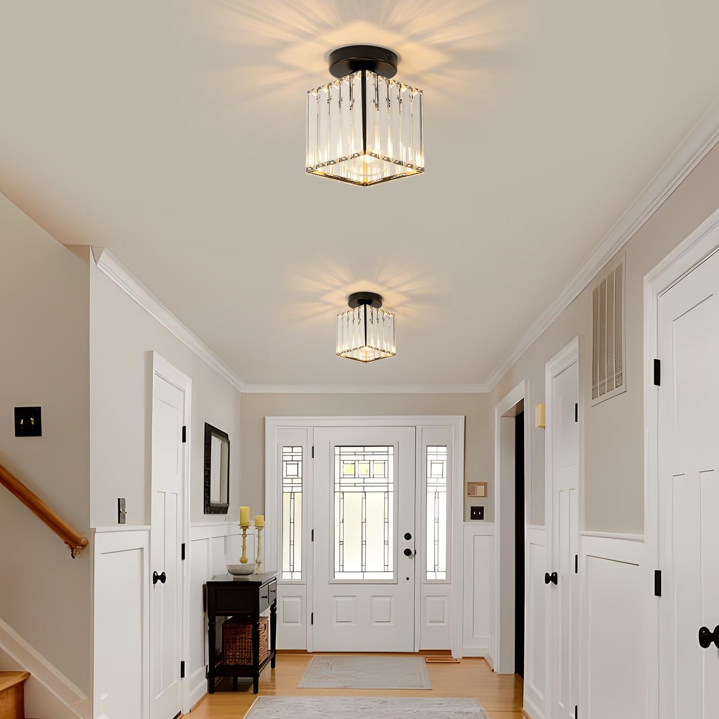 Goeco 2 Pack Square Crystal Semi Flush Mount Ceiling Light, 5.1 Inch Modern Black Mini Size Close to Ceiling Light Fixture for Hallway, Entryway, Stairway, Bathroom