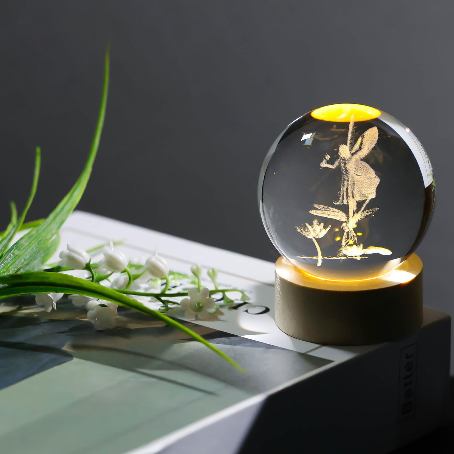Arikyrist 3D Crystal Ball Lamp Decor Glass Sphere Paperweight with LED Wooden Base, 3D Laser Engraved Glass Fairy Figurines Night Light Gifts for Home Office Decor