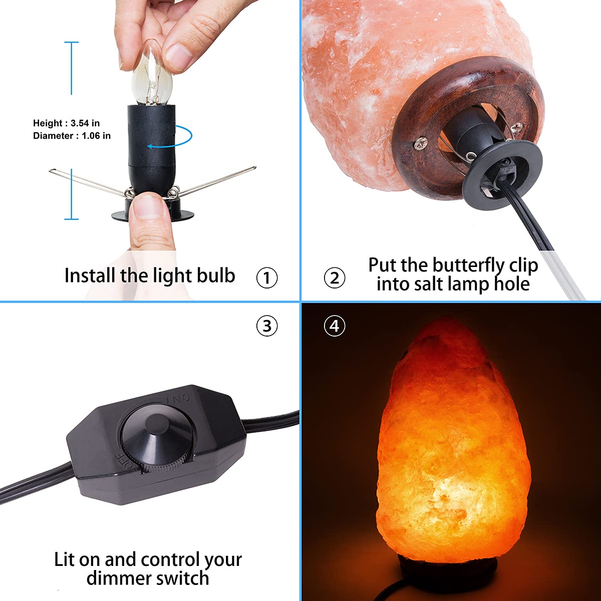 OHLGT 2-Pack Salt Lamp Cord Replacement with Dimmer Switch 5 feet Lamp Cord and 6-Pack Halogen Salt Lamp Bulbs(15 Watts)