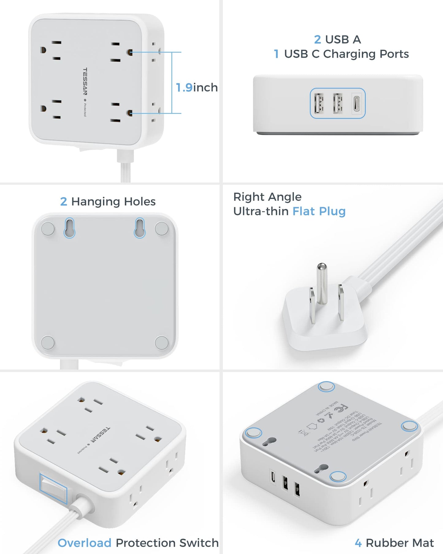 TESSAN Surge Protector Power Strip, 5 Ft Flat Plug Extension Cord with 3 USB (1 USB C) 8 Outlets, 900J Surge Protection, 3 Sided Outlet Extender with Power Switch for Office, Dorm Room Essentials