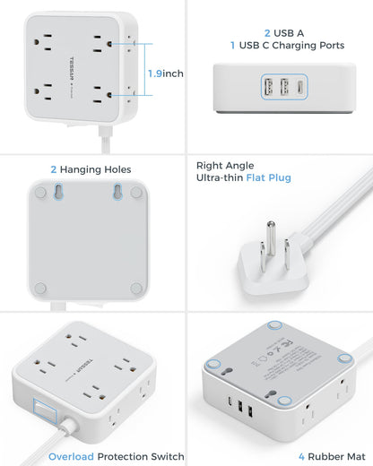 TESSAN Surge Protector Power Strip, 5 Ft Flat Plug Extension Cord with 3 USB (1 USB C) 8 Outlets, 900J Surge Protection, 3 Sided Outlet Extender with Power Switch for Office, Dorm Room Essentials