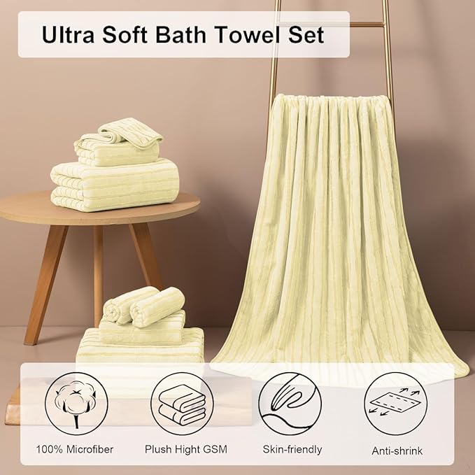 4 Pcs Light Yellow Cabana Stripe Large Bath Towels 35"x70" Oversized Bath Sheet