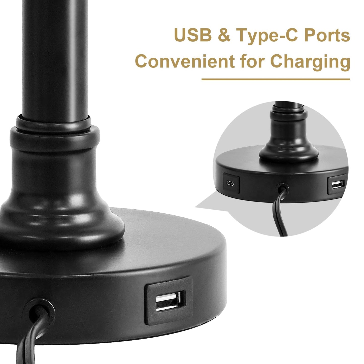 Oneach 19.5" Small Table Lamp with USB A+C Charging Ports, Black Modern Rustic Bedside Lamp with Natural Shade, Black Metal Pull Chain Desk Lamps for Living Room, Bedroom, Nightstand