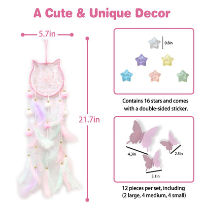 Fun-Plus Pink Dream Catcher Wall Hanging Set - 10 Butterflies & 16 Stars, Boho Room Decor for Girls, Easy Peel & Stick Wall Art for Bedroom, Nursery, Teen Room for Daughter, Birthday, Christmas
