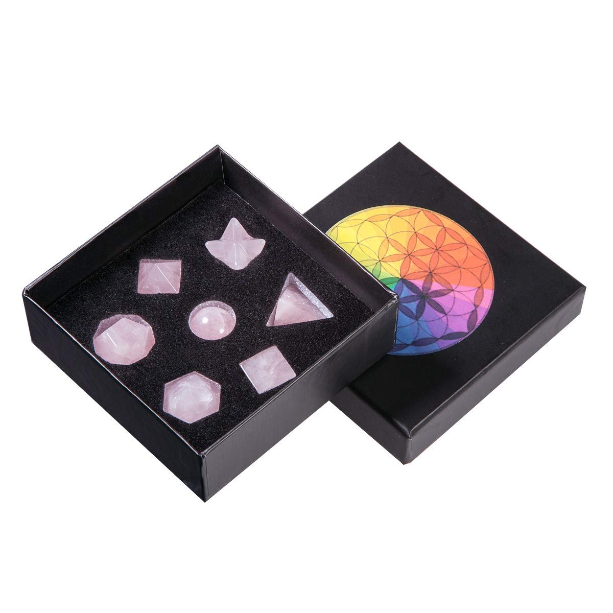 rockcloud Rose Quartz Platonic Solids Sacred Geometry with Merkaba Star Set, Healing Crystal Faceted Gemstones for Meditation Reiki Balancing, Pack of 7