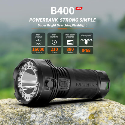 NIERON B400-B Super Bright 16000 Lumens Flashlight, Rechargeable Dual Switch Spotlight & Floodlight, 880m Beam Distance, 210H Runtime, IPX8 Waterproof, Tactical Flashlight for Camping Hiking Emergency