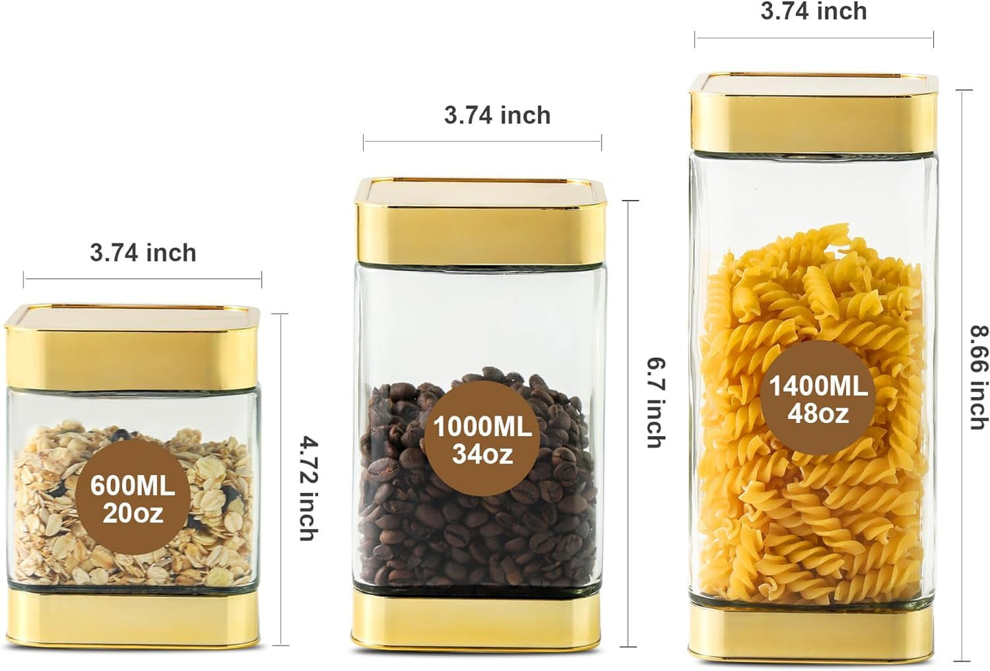 BETTWILL Glass Storage Jars-Large Kitchen Glass Canisters with Airtight Lids -Coffee Pasta Sugar Tea Snack Nuts Cookie Flour Food Container - Set of 3…