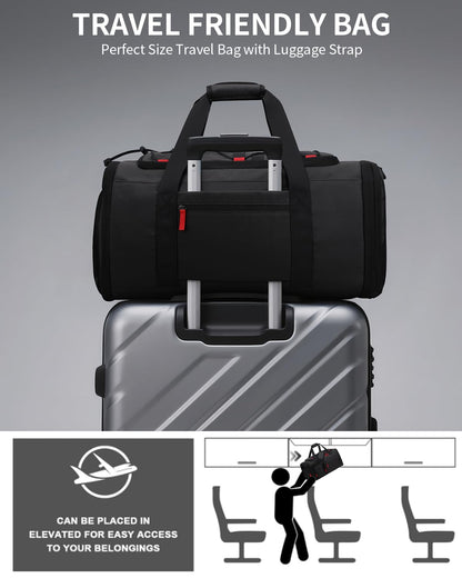 DD DEVILLI Gym Bags for Men Women, 45L Sports Travel Duffle Bag with Shoe Compartment, 3 in 1 Weekener Overnight Backpack with Wet Pocket, Black
