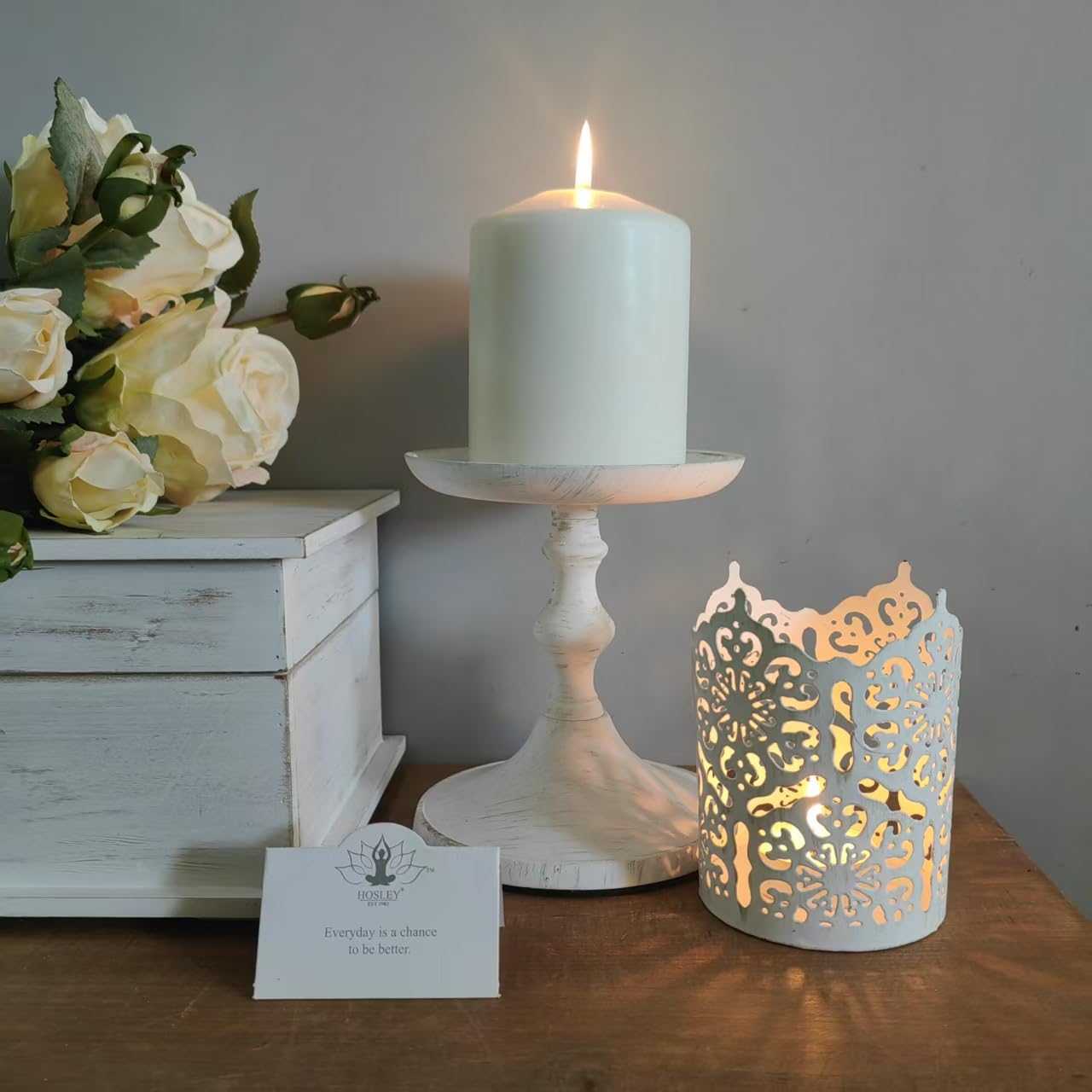 Hosley Aluminum Metal Decorative Pillar Candle Holder White Wash Finish for Candles or Display, 5Inch High - Ideal for Weddings, Parties, Events, Home Decor, Gifts, Elegant