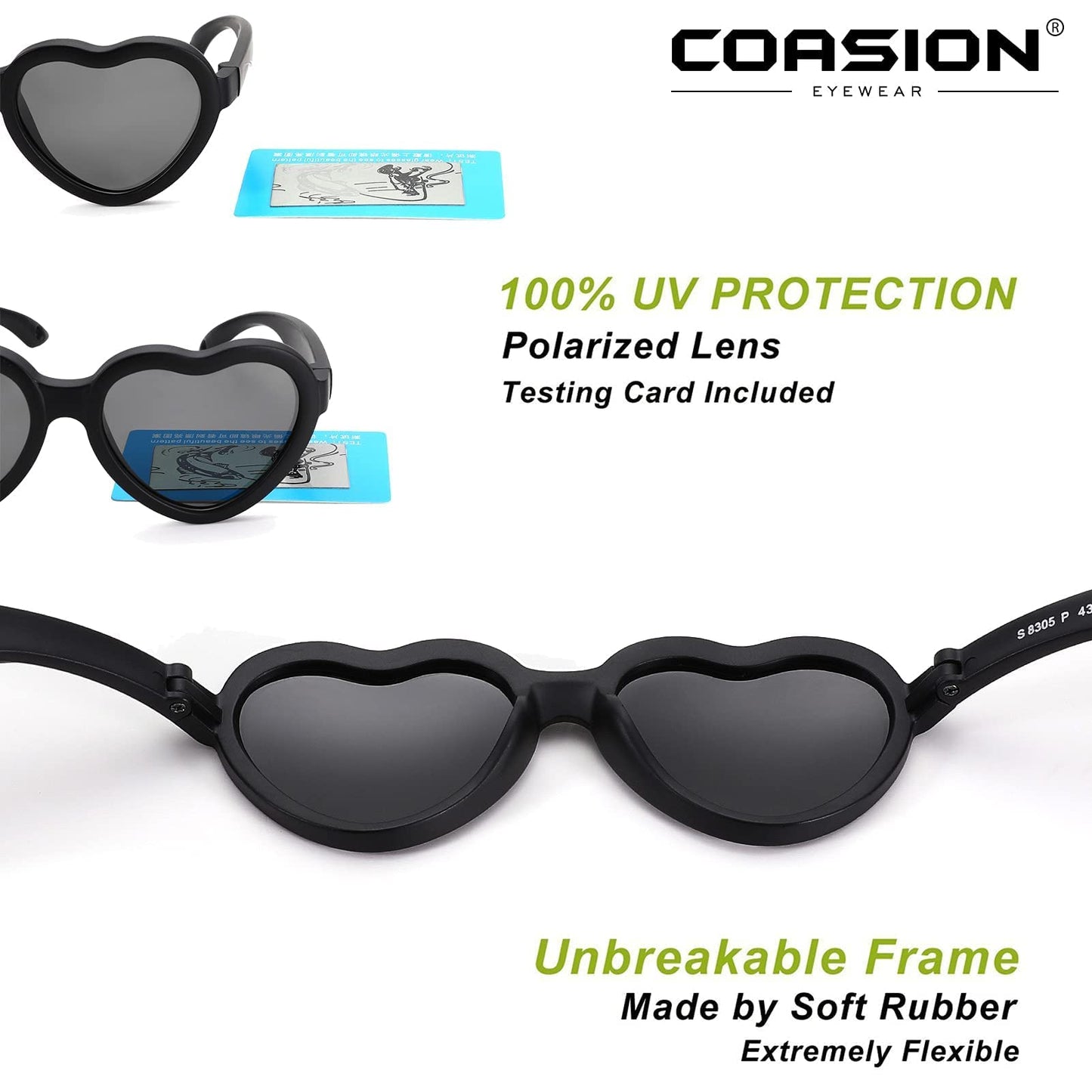 COASION Baby Sunglasses Polarized Rubber UV Protection with Strap Heart Shape Sun Glasses for Boys Girls Kids Ages 0-24 Months