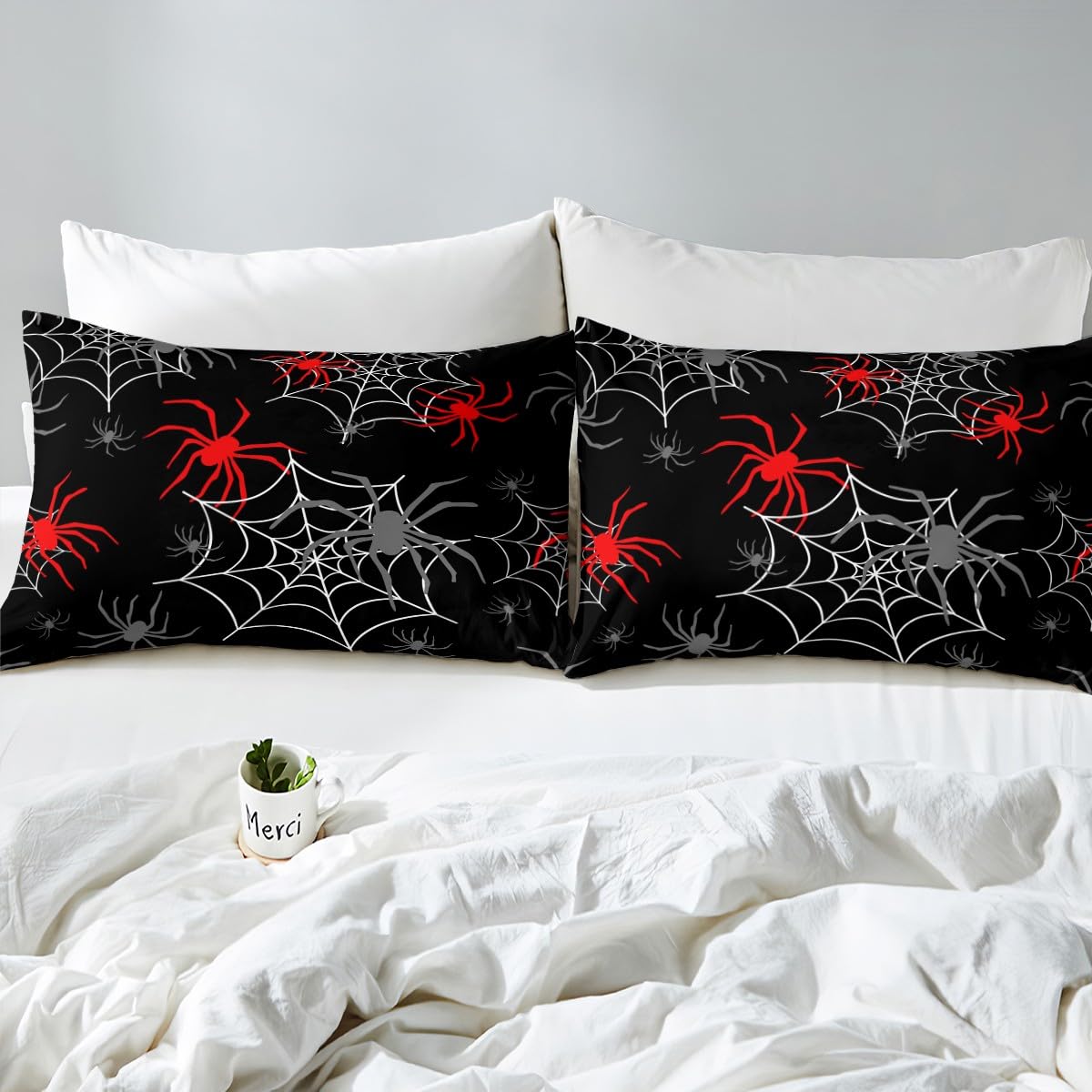 Feelyou Red Black White Cobweb Sheet Set Full Size, Scary Halloween Decorations Bed Sheets Set Scary Spider Sheets with Deep Pocket Fitted Sheet Kids Toddler Red Black Gray Animal Bedding Set 4Pcs