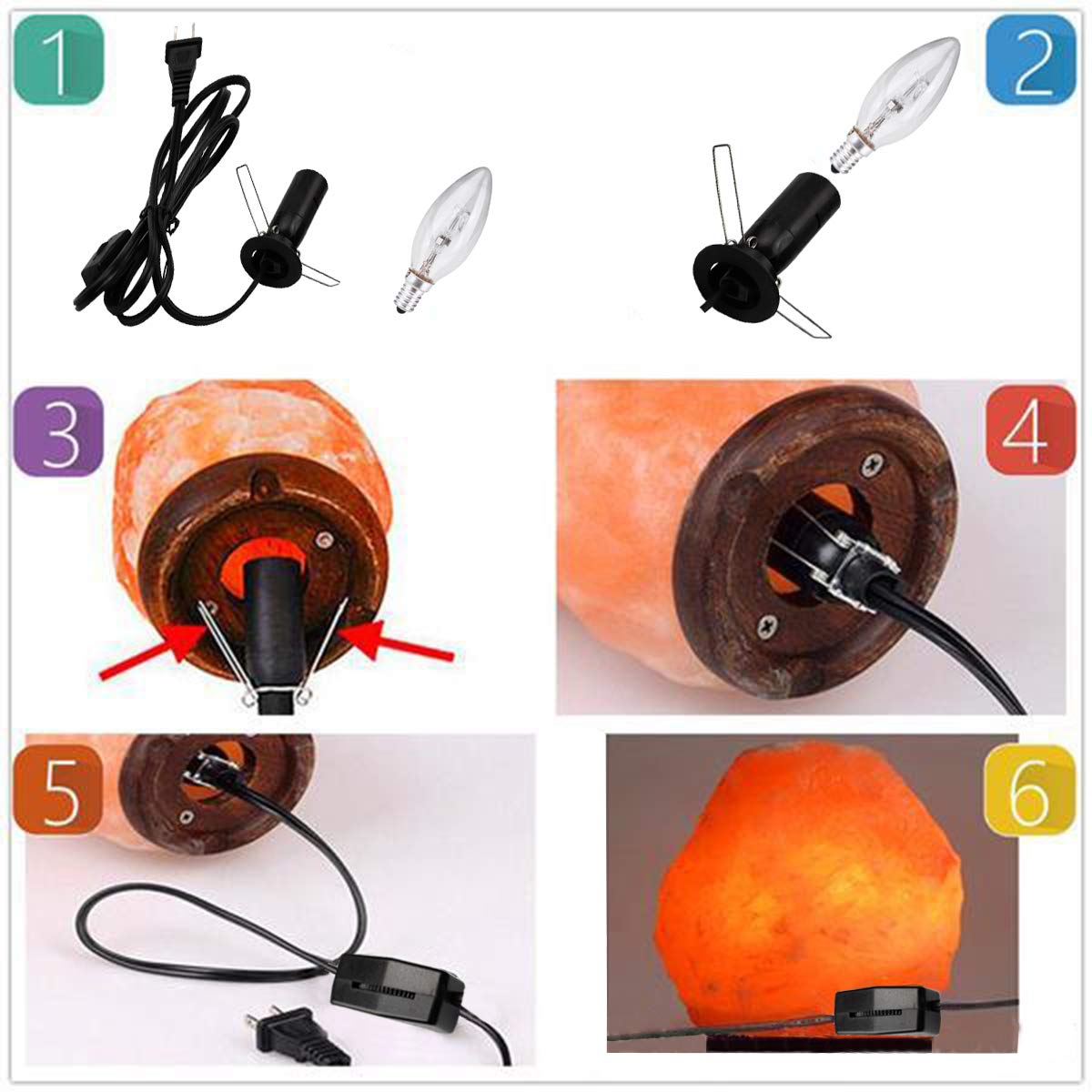 Himalayan Salt Lamp Cord with Gear Switch，Original Replacement Cord with Base Assembly with E12 Socket，Christmas Light Bulb,Himalayan Salt Lampsand with 6 Free Bulbs for Salt Lamp (1P)