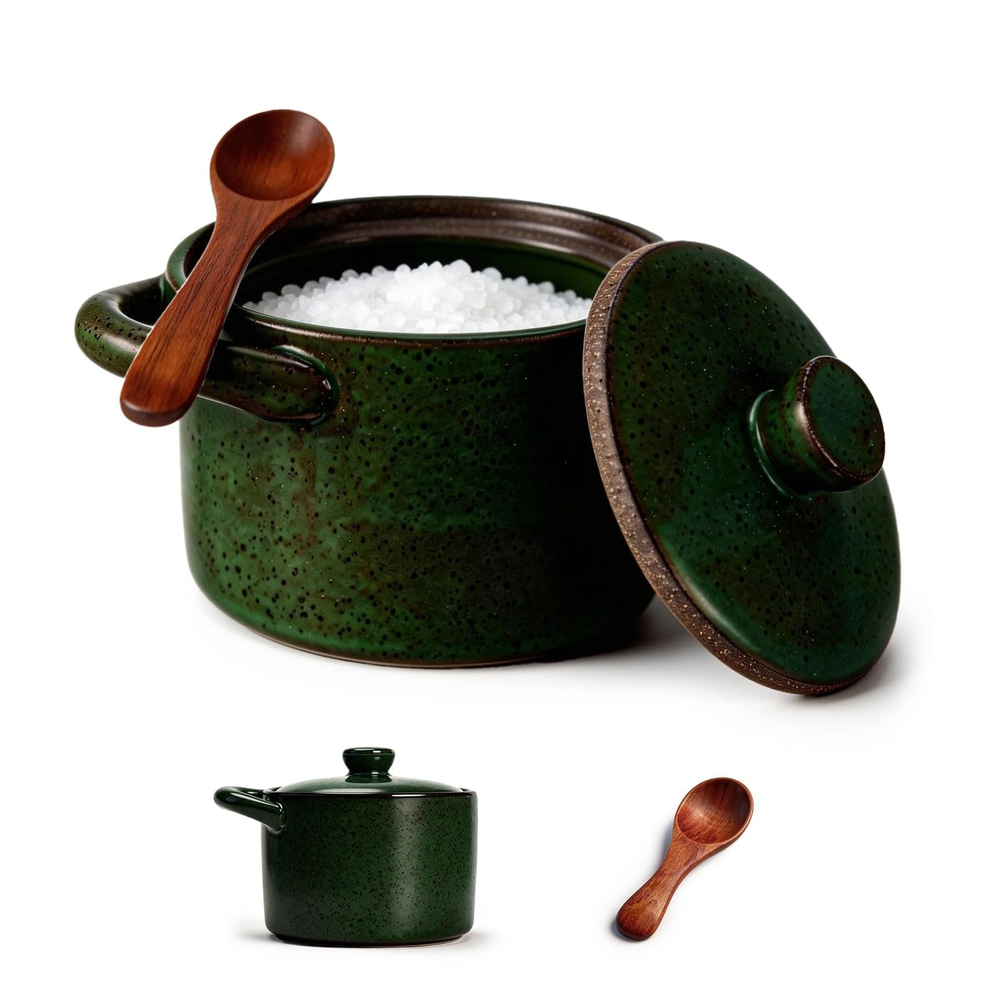 Salt Cellar With Spoon, Rustic Ceramic Salt Cellar With Wooden Spoon, Kitchen Seasoning Storage Jar