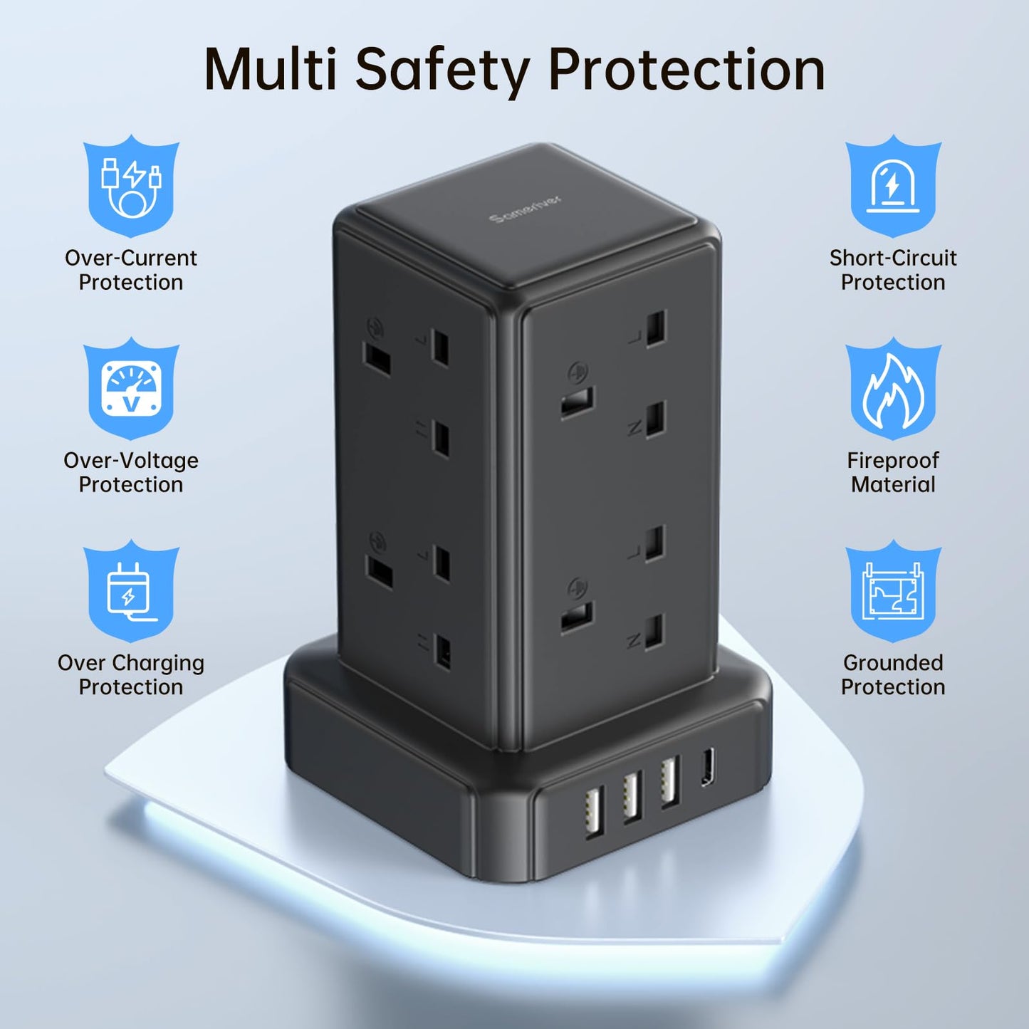 Tower Extension lead Surge Protection Extension Lead with Switch (13A 3250W) 8 AC Outlets & 4 USB Ports Plug Extension Socket Extension Cable 2M Mini Power Strip for Home, Office