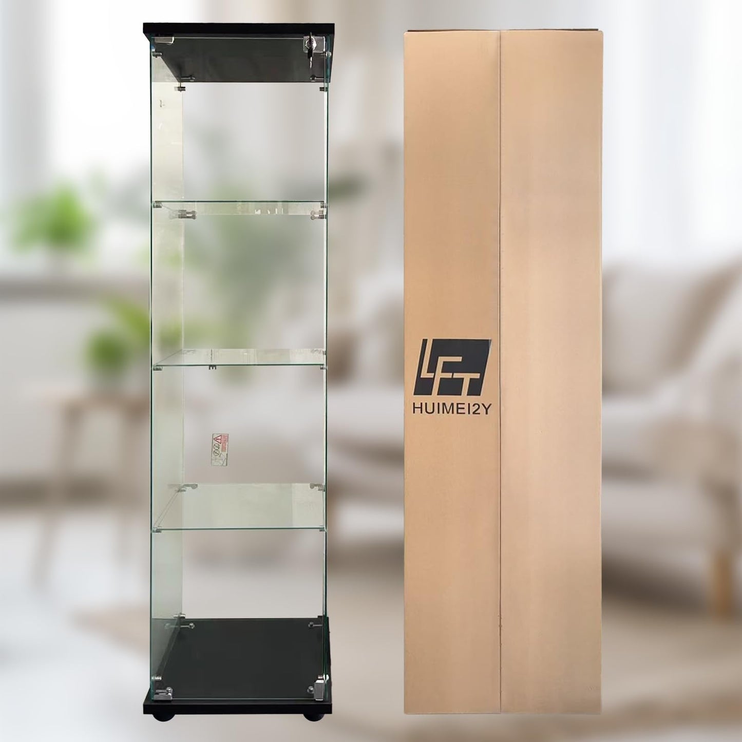 LFT HUIMEI2Y Glass Display Cabinet with Door & Lock, 4-Tier Curio Cabinet for Collectibles, Figures, Wine, Tempered Glass Display Case for Living Room Bedroom Office, 65”x 17”x 14” Black