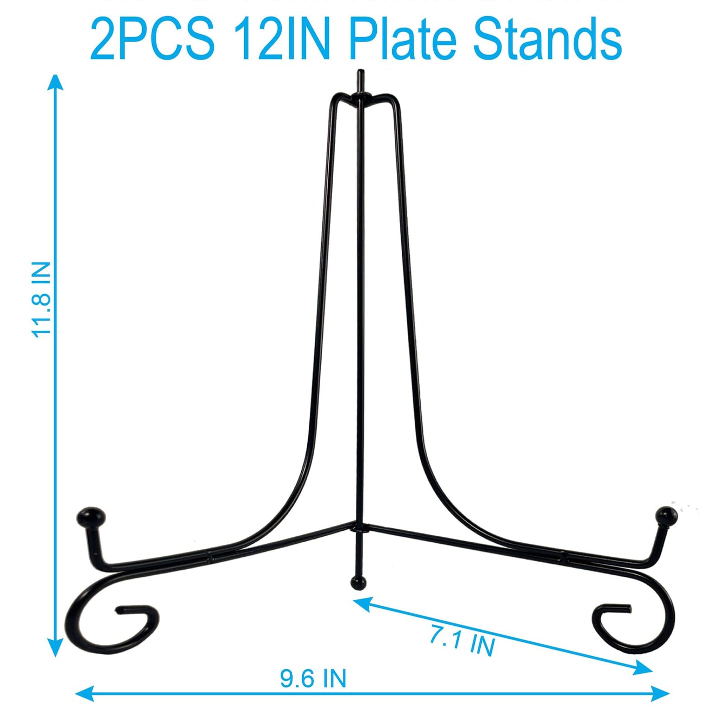 HENABLE 2PCS Premium Black Iron Plate Stands for Display 12 Inch, Decorative Solid Metal Plate Holders for Displaying, Mini Easel, Frame, Book, Card, Plaque, Bowl, Picture Stands for Display