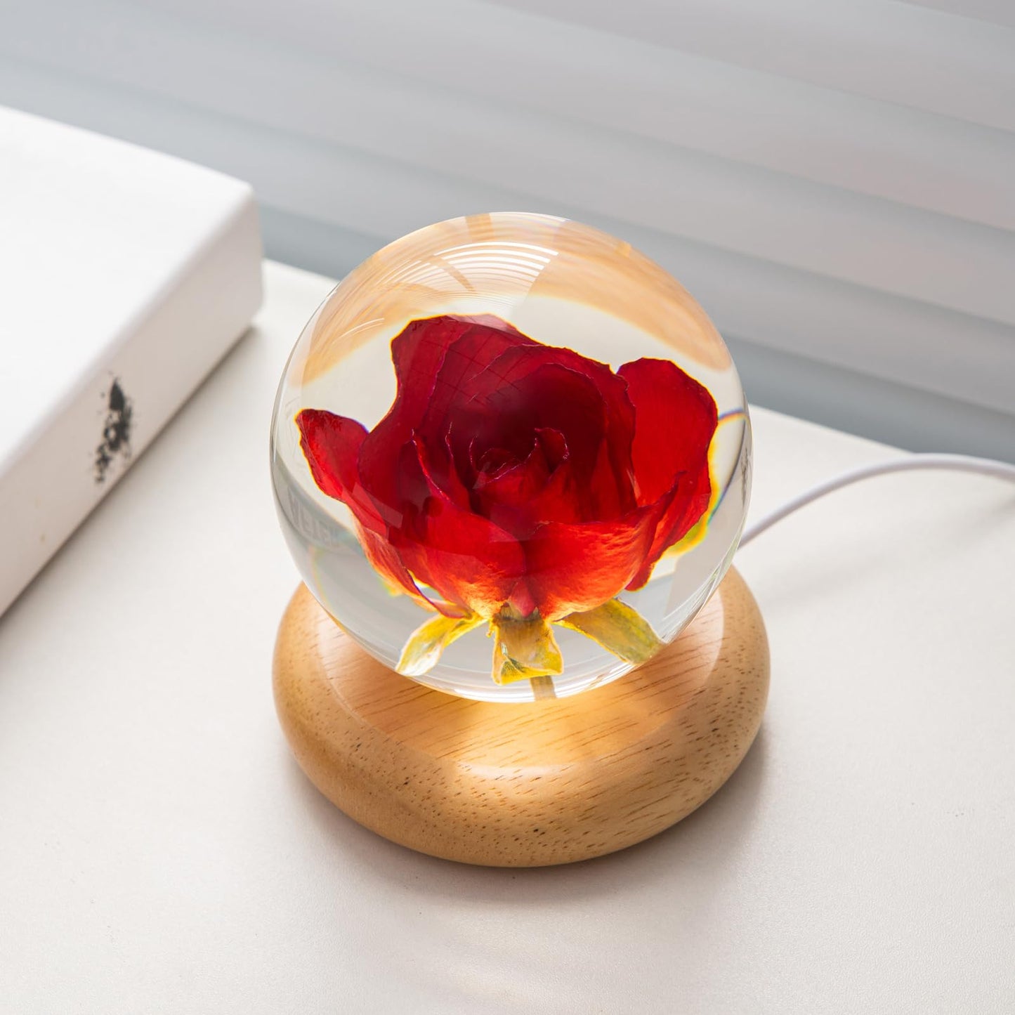 DEALFUN Real Flower Crystal Ball Night Light, Preserved Botanical Resin Sphere with Warm LED Wooden Base, Artistic Floral Lamp, Aesthetic Decor, Eternal Flower Gift for Women, Mom, Her (Rose)