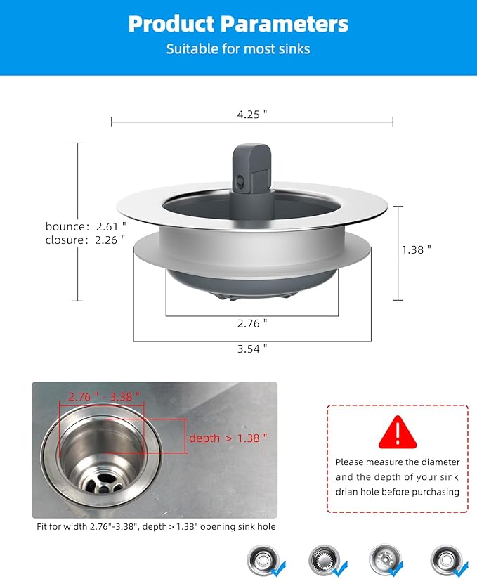 Hibbent 3 in 1 Kitchen Sink Drain Strainer and Stopper Combo, Chrome Stainless