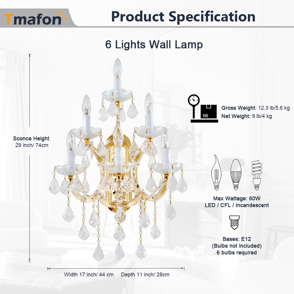 TMAFON Large Modern Crystal Wall Lights - 6 Lights Maria Theresa Wall Lamp Chandelier Light Fixtures, Gold Wall Mounted Sconce for Hotel, Living Room, Hall, Lobby