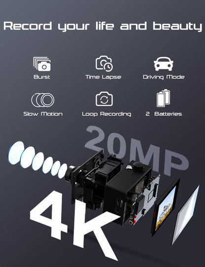 Apexcam Action Camera 4K Sports Cameras 20MP 40M 170°Wide-Angle WiFi Waterproof Underwater Camera with 2.4G Remote Control 2 Batteries 2.0'' LCD Ultra HD Camera with Mounting Accessories Kit