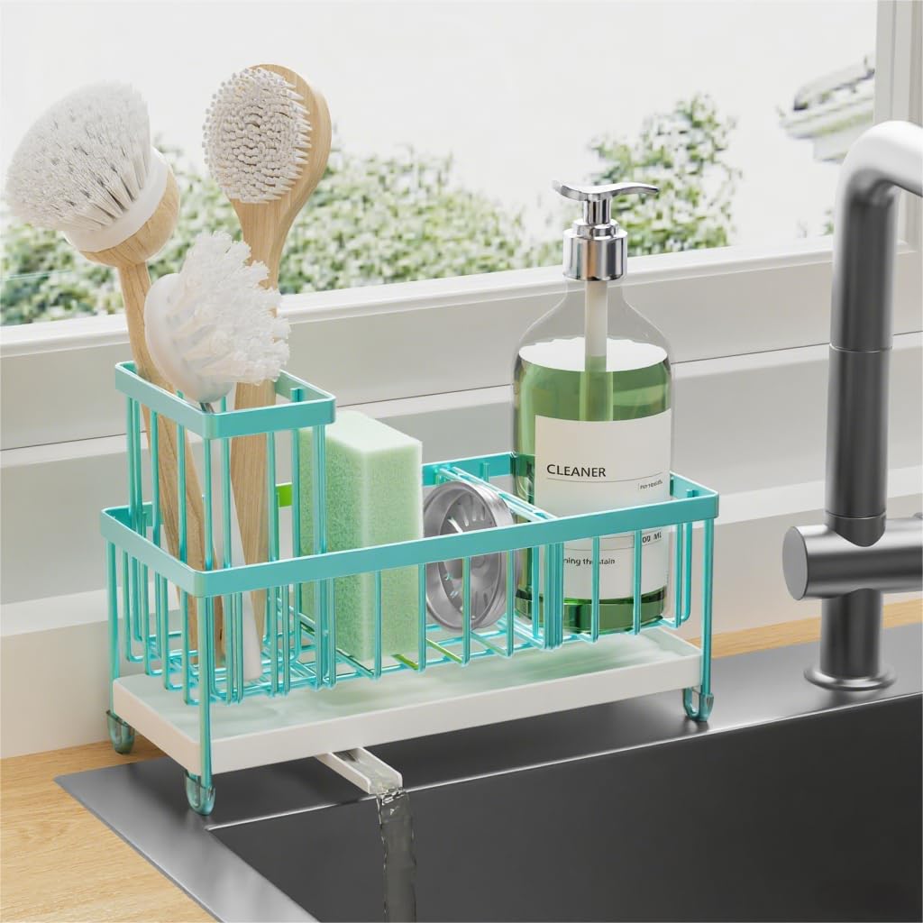 Cisily Black Sponge Holder for Kitchen Sink, Sink Caddy Organizer with High Brush Holder, Kitchen Countertop Organizers and Storage Essentials, Rustproof 304 Stainless Steel, Soap Dispenser Organize