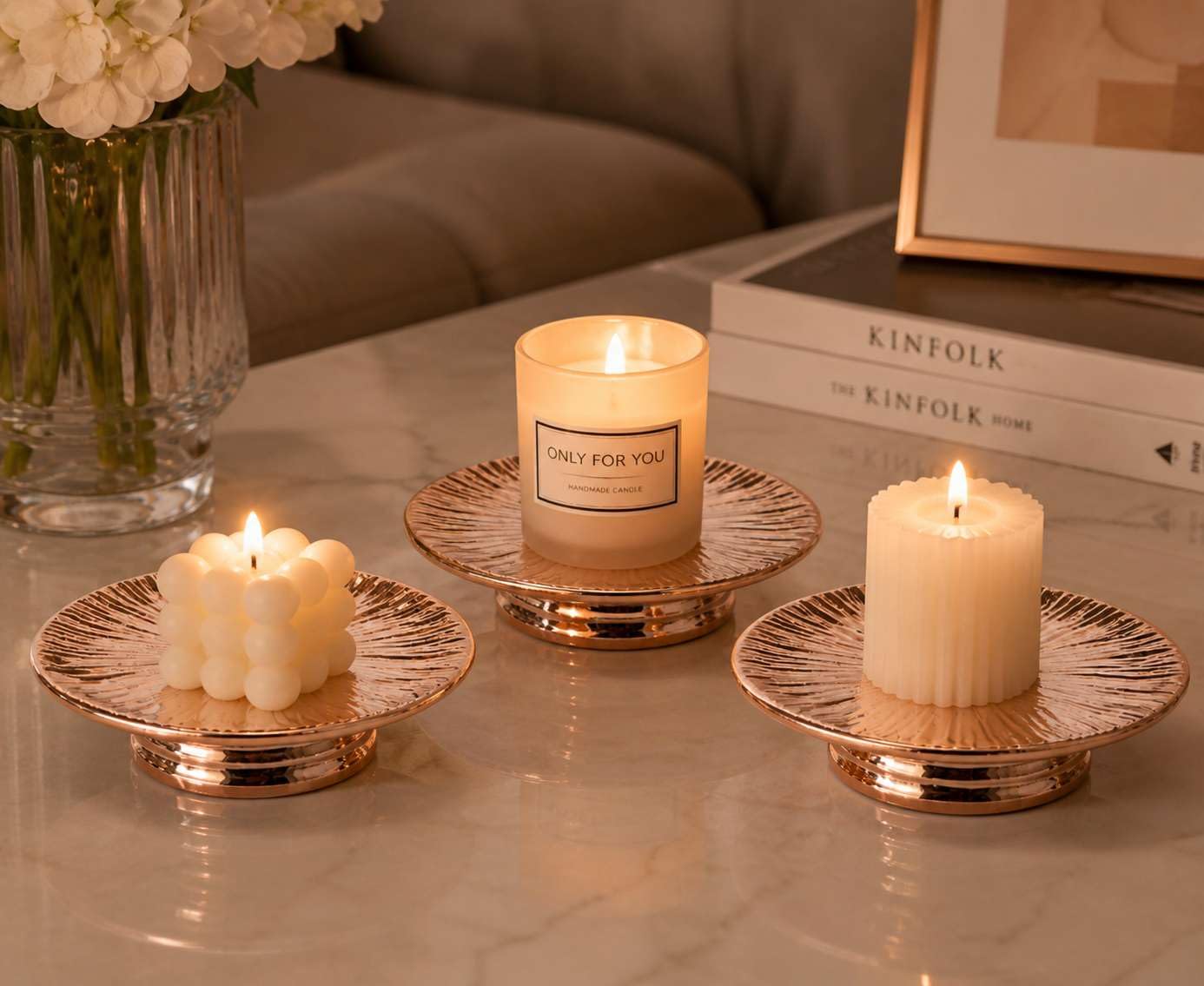 ADAVAS.Y&G Ceramic Rose Gold Candle Plate Set, 3-Piece – Decorative Candle Holder Tray for Pillar Candles, Jewelry, Stand for Flower vases – Elegant Wedding Decor and Table decoratives