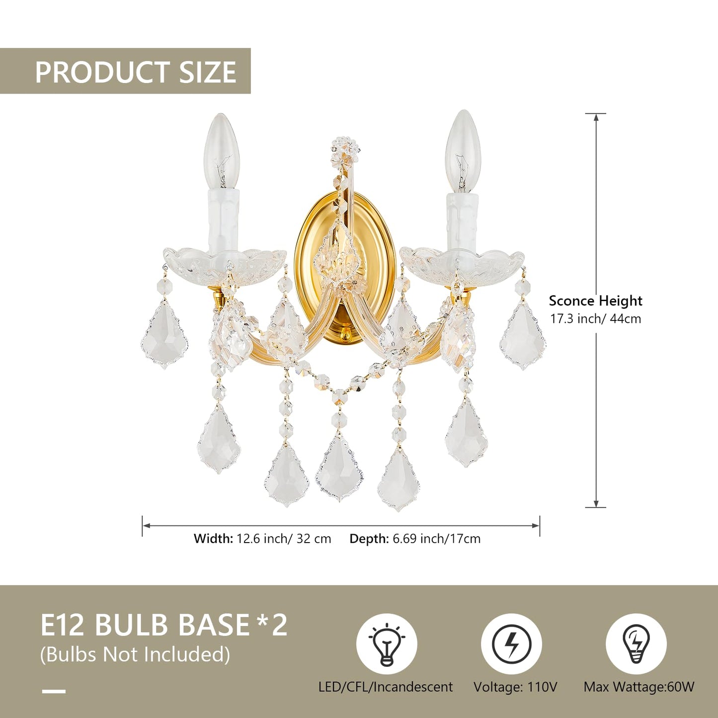 SHAOCHIAO Crystal Wall Sconce Lighting, 2-Light Modern Crystal Wall Light Fixture Bathroom Maria Theresa Wall Lamp Light Fixtures for Living Room Wall Sconce Light Wall Mounted Lamp Indoor