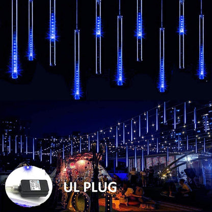 Kordain Outdoor Christmas Lights, Falling Rain Meteor Shower 12 inch 8 Tubes 144 LED Snow Icicle Cascading Fairy String Lights for Holiday Wedding Party Garden Tree Decor, UL Plug, Blue