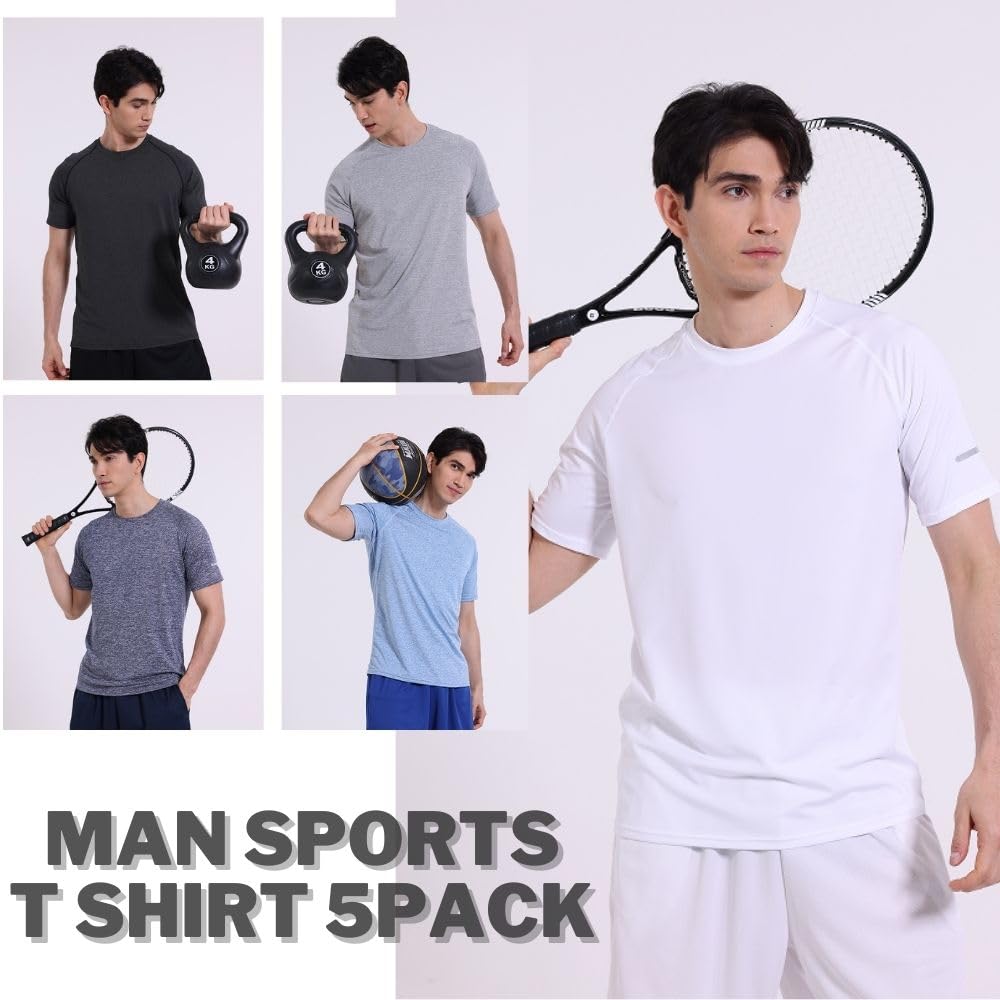fovdtaa 5 Pack Mens Short Sleeve Crew Neck Gym T Shirt Workout Running Tops Mens Breathable Athletic Shirts Short Sleeve Sport Tops Black Grey Blue Navy White M