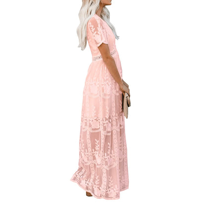 Womens Deep V Neck Short Sleeve Floral Lace Dress Long Bridesmaid Maxi Dresses