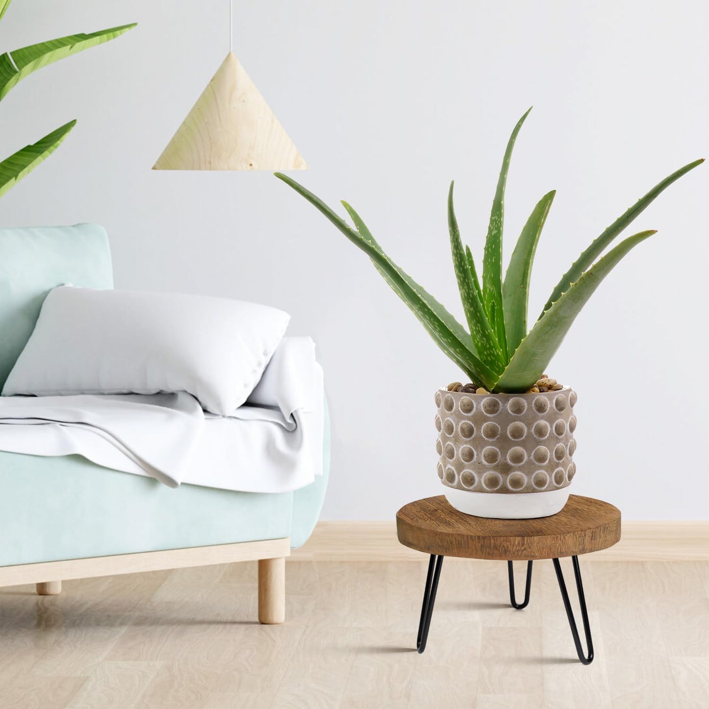 Plant Stand Indoor Outdoor, Wooden plant Stool, Mid Century Plant Stand for Indoor Plants, Wood Modern Plant Holder Rattan Flower, Low Short Boho Rustic Planter Stand Fit 5-15 Inch Pot(M, L)