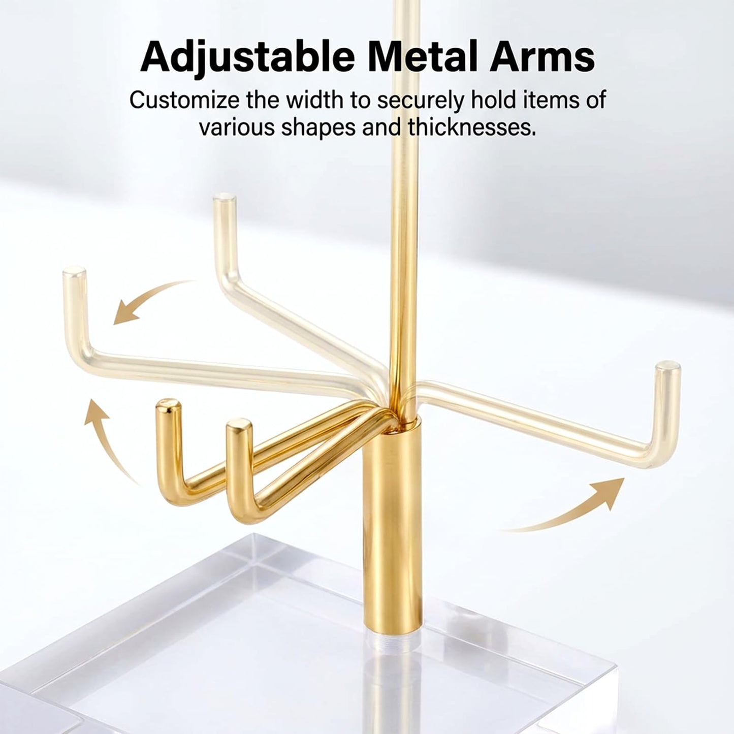 Oqqlin 12 Pcs Crystal Display Stand, 2 x 2 x 3.5 Inch Gold Rock Crystal Stand with Acrylic Base Adjustable Metal Arm Display Stands for Mineral, Agate, Geode, Picture