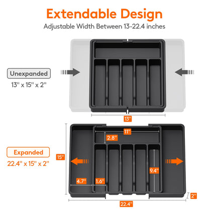 Lifewit Silverware Drawer Organizer, Expandable Utensil Tray for Kitchen, BPA Free Flatware and Cutlery Holder, Adjustable Plastic Storage for Spoons Forks Knives, 8.5"-14.1" x 12.1", Black