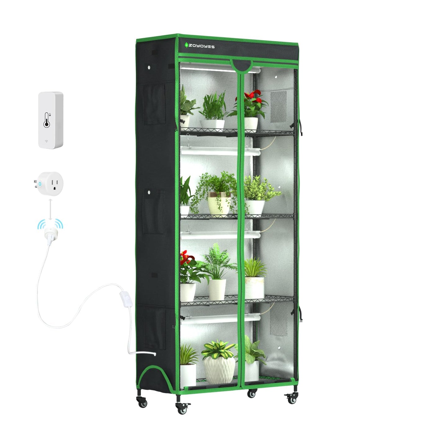 ZOYOYES Indoor Greenhouse with Grow Light, 35.8" W x 17.8" D x 71.8" H, 5-Tier Plant Shelf with 3-Color T8 Growth Lights, Plant Stand with Smart Timing Plug and thermohygrometer