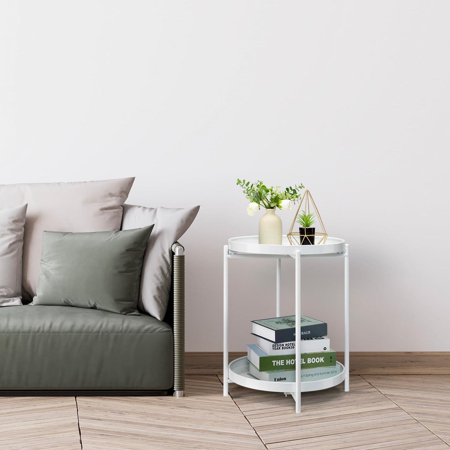 Danpinera 2 Tier Metal Side Table with Removable Tray - Round Accent Table, Anti-Rust White Nightstand for Bedroom, Balcony, Patio