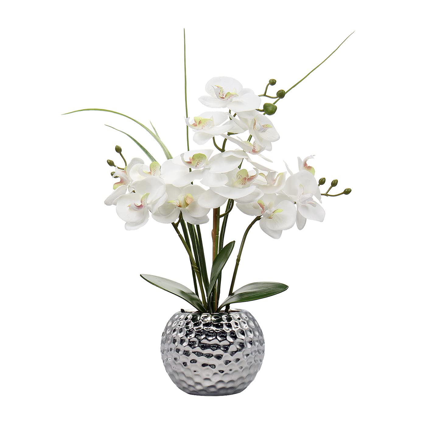 Oairse Artificial White Phalaenopsis Orchid Flower Arrangements 20.8" Faux Orchid Flower in Silver Pot Orchid Centerpiece for Dining Room Table
