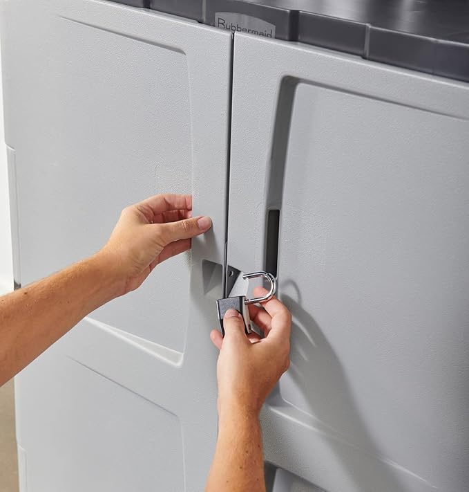 Rubbermaid Freestanding Storage Cabinet with Doors 18"D x 36"W x 37"H Medium Gray/Black Two-Shelf Lockable Cabinet for Indoor/Outdoor/Garage Storage for Garden Tools/Lawn Care Accessories