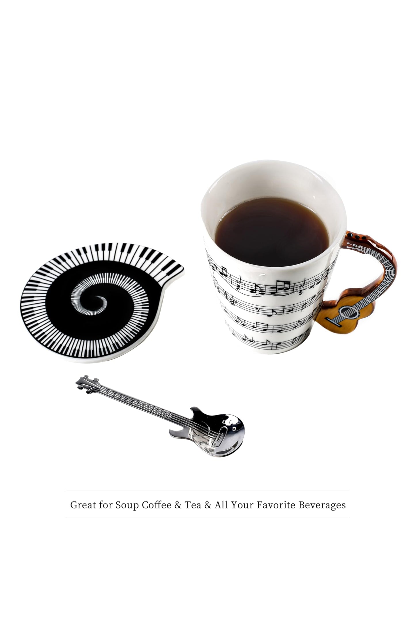 Guitar Novelty Mug Unique Musical Gift Coffee Cup with Cool Music Themed Lid & Guitar Handle Design & Guitar Spoon, Great Gifts for Music Teachers,&guitarLoversfor Holidays,Fathers Day,Men,Woman