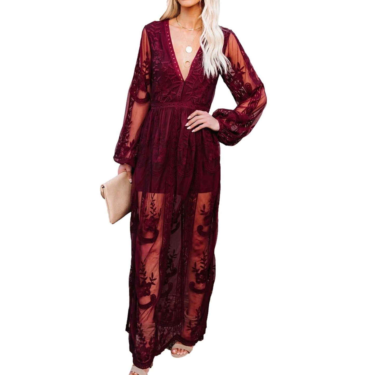 Womens Deep V Neck Short Sleeve Floral Lace Dress Long Bridesmaid Maxi Dresses