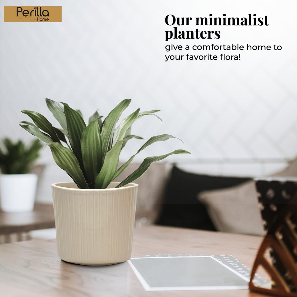 Perilla Home Single Ceramic Handmade Planter Pot for Indoor & Outdoor with Drainage Hole for Home & Office Decor Modern Flower Planter Pot (6.75x6.75 inch) (Off White) (1Pcs)