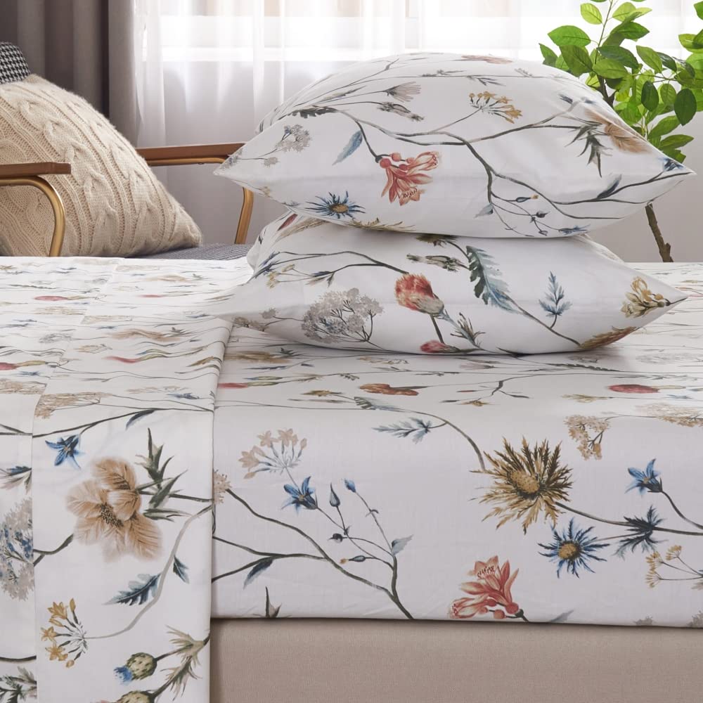 DAUAOTO 100% Cotton Bedding Printed Sheets Set for Full Size Bed Up to 14" Deep Mattress, Floral Botanical Pattern Bedlinen Sets