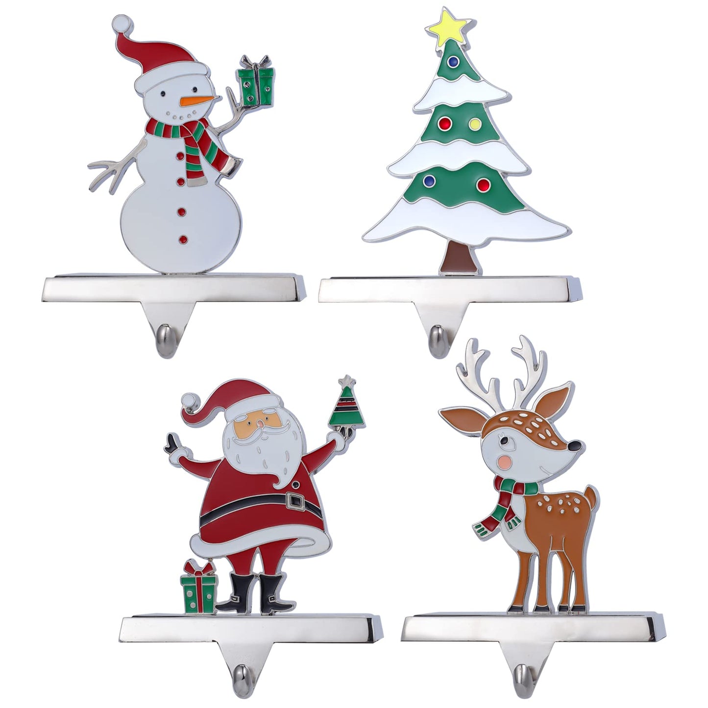 Baseo Christmas Stocking Holders Set of 4 Metal Christmas Stocking Holders for Fireplace-Xmas Deer Snowman Tree Santa Christmas Stocking Holder for Mantle-Stocking Hangers for Fireplace Topper