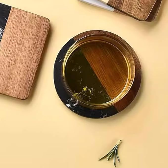 I-LAN 4-Pack Black Marble and Acacia Wood Coasters, 4-Inch Round Modern Drink