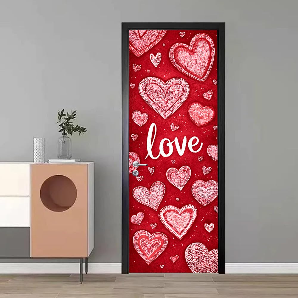WDESYADMS Valentine’s Day Door Sticker 30.3x78.7 Inch PVC Self Adhesive Red Heart and Love Design Peel and Stick Decorative Door Decal for Bedroom Living Room Entryway Romantic Decor