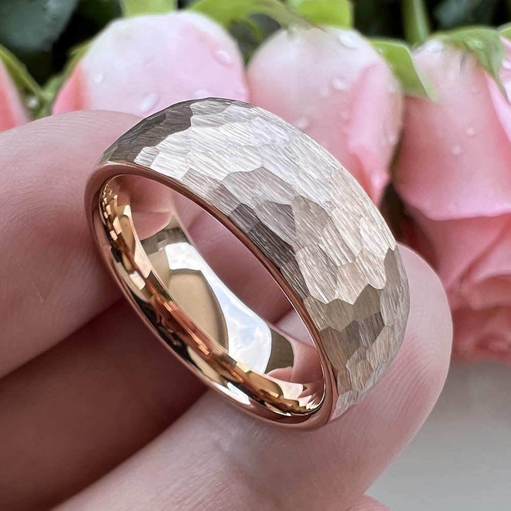 TUTISS 8mm Rose Gold Hammered Tungsten Rings for Men Women Engagement Wedding Bands Domed I Love You Engraved Comfort Fit Size 6