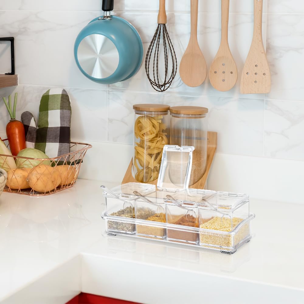 SHAIDOJIO Clear Seasoning Box, 8 Pcs Spice Storage Pots Condiment Container Boxes with Lids and Spoons, Seasoning Rack Spice Jar, Kitchen Seasoning Organizer for Salt, Sugar, Cocoa, Ice Cream Toppings