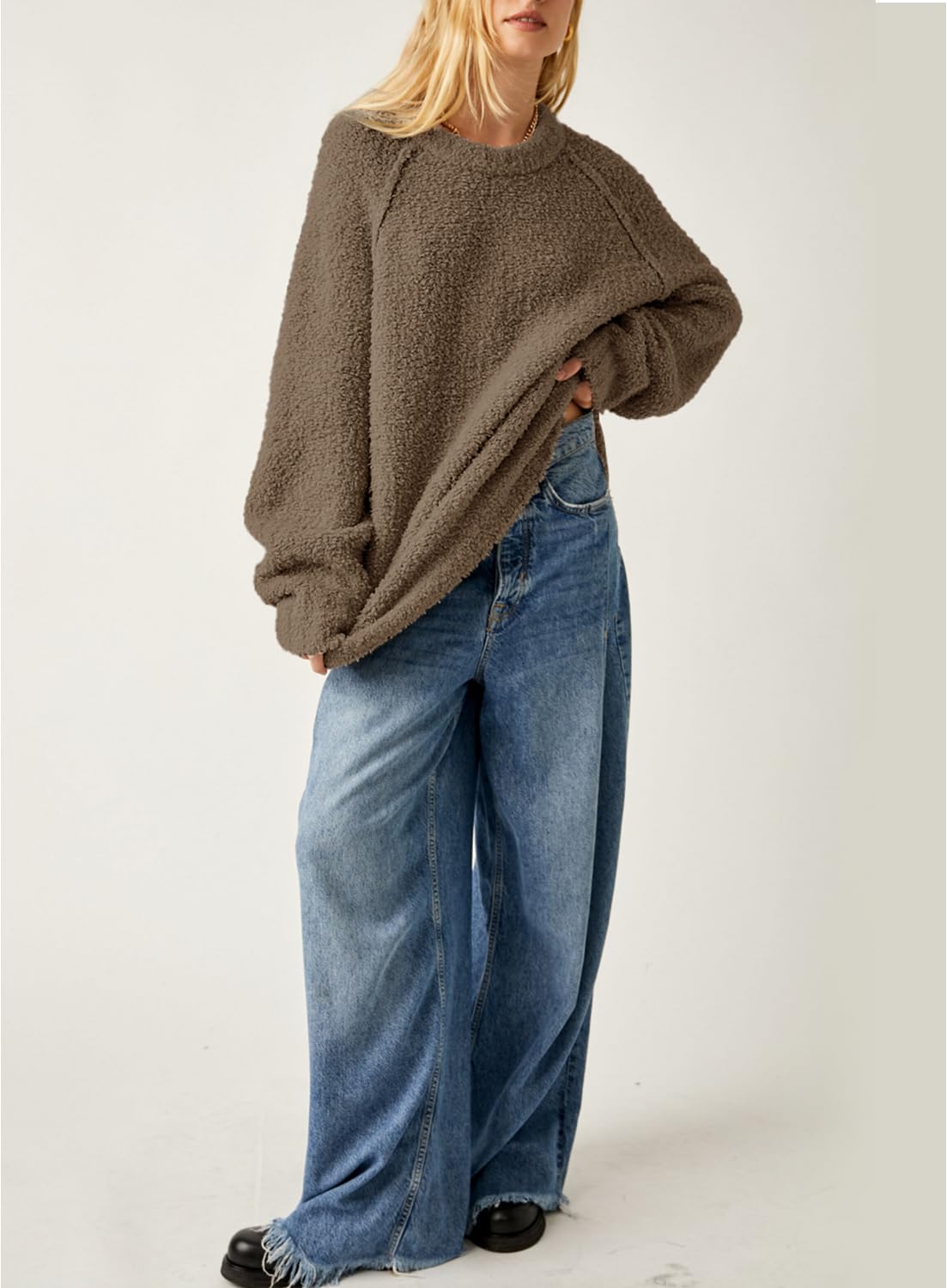 Beaully Women's Oversized Long Sleeve Crewneck Fuzzy Knit Warm Sweaters 2025 Fall Pullover Sweater Tops