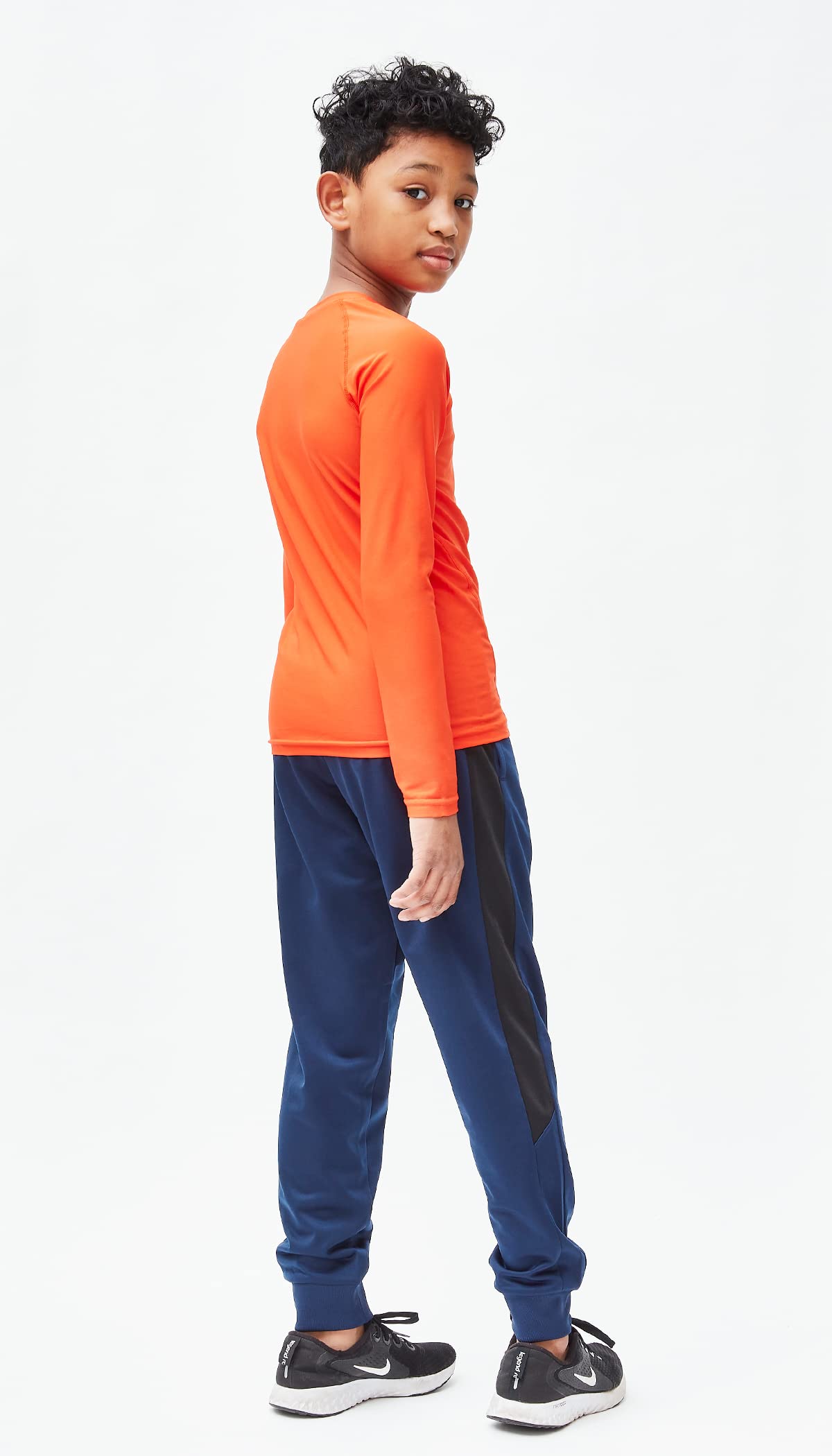 DEVOPS Youth Boys 3-Pack Compression Athletic Performance Baselayer Long Sleeve Shirts (X-Small, Black/Blue/Orange)